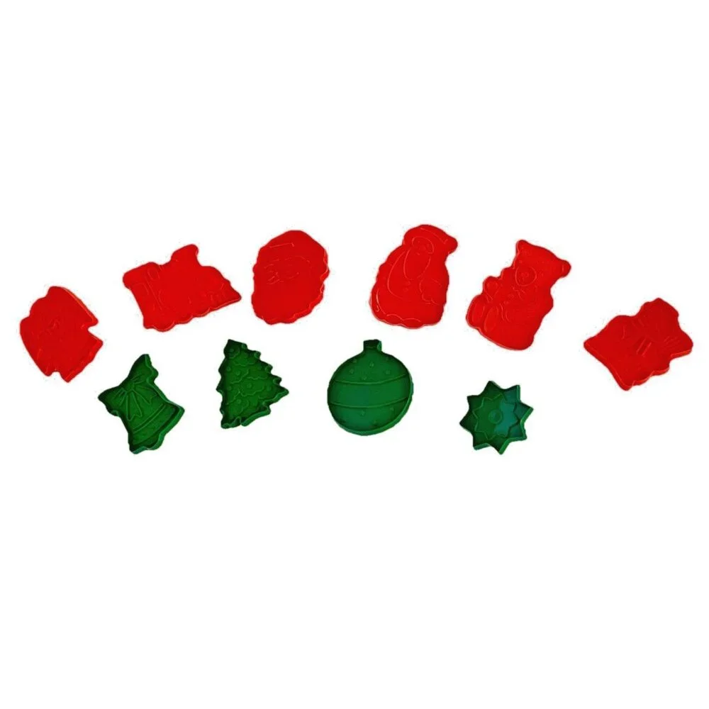 Vtg Trim A Tree Christmas Plastic Cookie Cutters Set Container 10pc Hong Kong